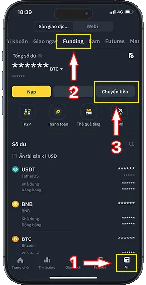 Bước 1: Đăng nhập ứng dụng Binance, Chọn chức năng Ví (1), sau đó chọn ví Funding (2) và ấn Chuyển tiền (3)